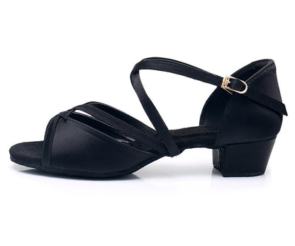 Girls Crisscross Straps Beginner Ballroom Dance Shoes Cutout Silk Peep-toe Latin Tango Social Dance Shoes Practice Low Heels