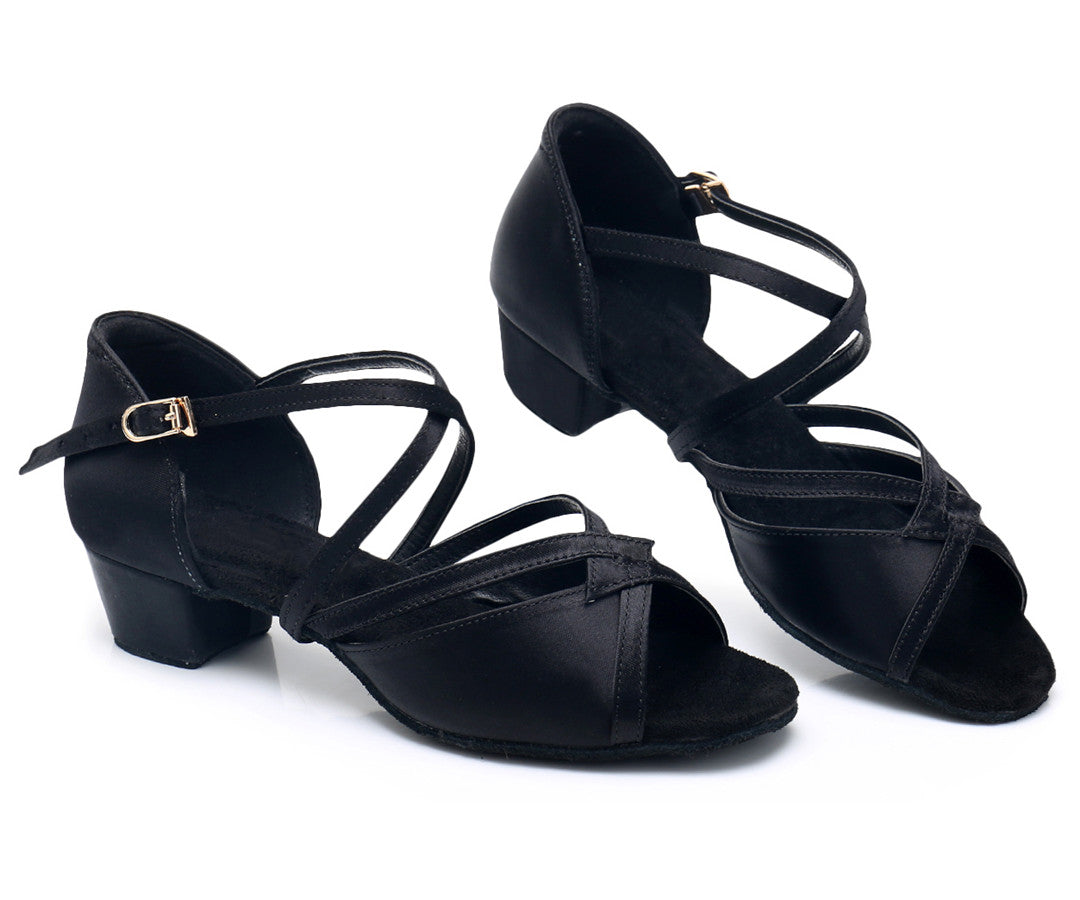 Girls Crisscross Straps Beginner Ballroom Dance Shoes Cutout Silk Peep-toe Latin Tango Social Dance Shoes Practice Low Heels