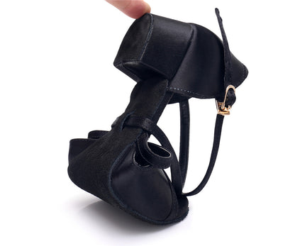 Girls Crisscross Straps Beginner Ballroom Dance Shoes Cutout Silk Peep-toe Latin Tango Social Dance Shoes Practice Low Heels
