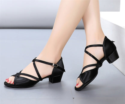 Girls Crisscross Straps Beginner Ballroom Dance Shoes Cutout Silk Peep-toe Latin Tango Social Dance Shoes Practice Low Heels
