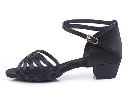 Girls Classic Knitted Latin Ballroom Dance Shoes Peep-toe Salsa Tango Practice Low Heels for Kids