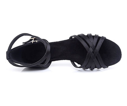 Girls Classic Knitted Latin Ballroom Dance Shoes Peep-toe Salsa Tango Practice Low Heels for Kids
