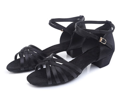 Girls Classic Knitted Latin Ballroom Dance Shoes Peep-toe Salsa Tango Practice Low Heels for Kids