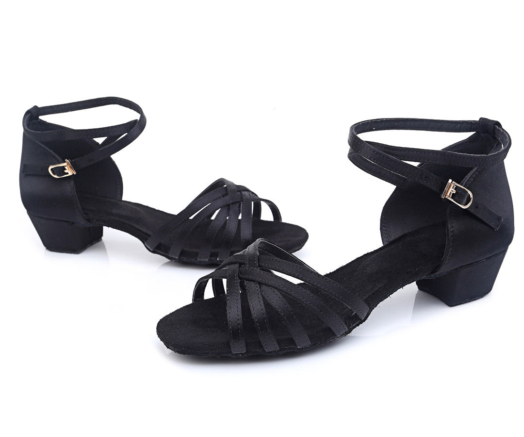 Girls Classic Knitted Latin Ballroom Dance Shoes Peep-toe Salsa Tango Practice Low Heels for Kids