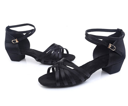 Girls Classic Knitted Latin Ballroom Dance Shoes Peep-toe Salsa Tango Practice Low Heels for Kids