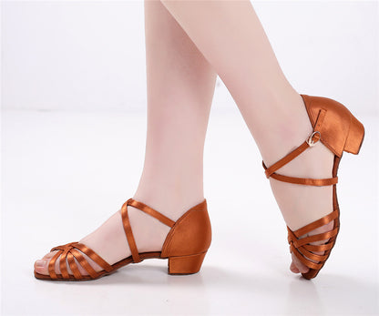 Girls Crisscross Knitted Straps Ballroom Dance Shoes Peep-toe Latin Tango Beginner Social Dance Practice Low Heels