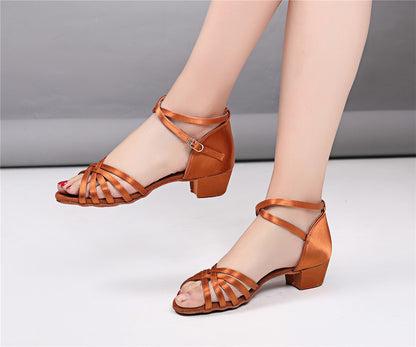 Girls Classic Knitted Latin Ballroom Dance Shoes Peep-toe Salsa Tango Practice Low Heels for Kids