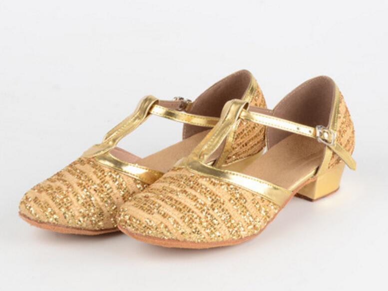 Girls T-Strap Latin Salsa Dance Shoes Closed Toe Glittering Ballroom Dress Suede Sole Party Shoes