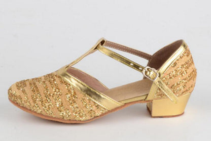 Girls T-Strap Latin Salsa Dance Shoes Closed Toe Glittering Ballroom Dress Suede Sole Party Shoes