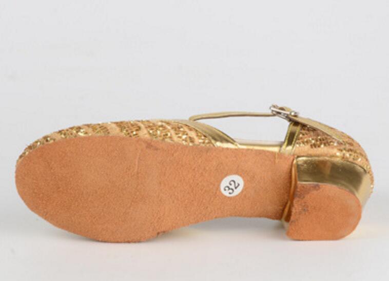 Girls T-Strap Latin Salsa Dance Shoes Closed Toe Glittering Ballroom Dress Suede Sole Party Shoes
