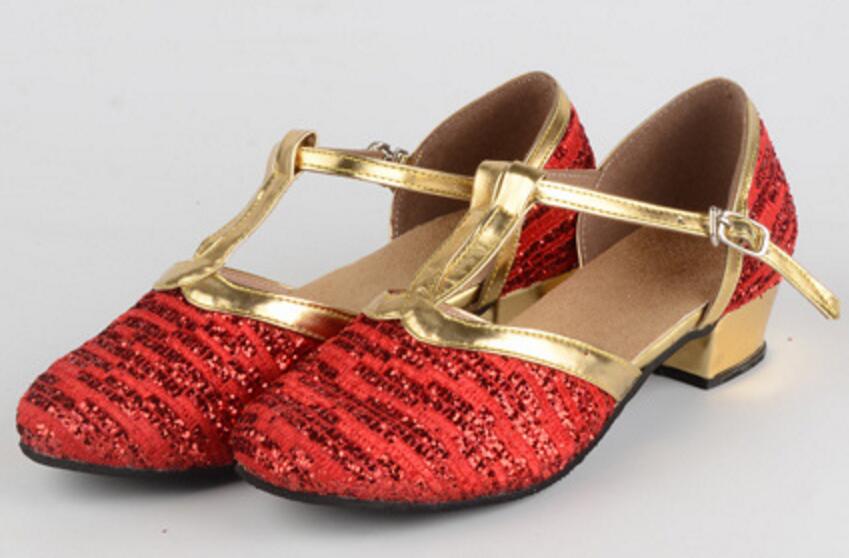 Girls T-Strap Latin Salsa Dance Shoes Closed Toe Glittering Ballroom Dress Suede Sole Party Shoes