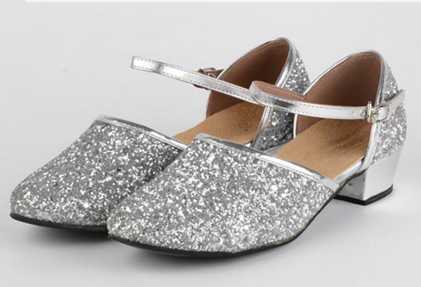 Girls One Strap Glitter Ballroom Dance Shoes PU Leather Close Toe Latin Tango Practice Shoes
