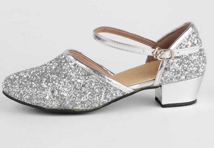 Girls One Strap Glitter Ballroom Dance Shoes PU Leather Close Toe Latin Tango Practice Shoes