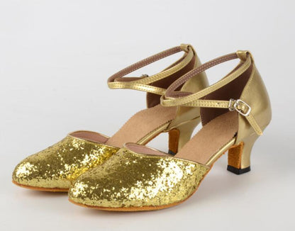 Womens Sparkly Glitter Latin Dance Shoes Close Toe Leather Sole Ballroom Dancing Sandals