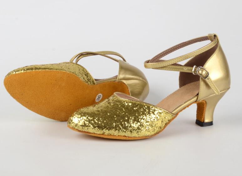 Womens Sparkly Glitter Latin Dance Shoes Close Toe Leather Sole Ballroom Dancing Sandals
