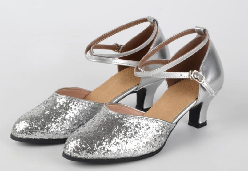 Womens Sparkly Glitter Latin Dance Shoes Close Toe Leather Sole Ballroom Dancing Sandals