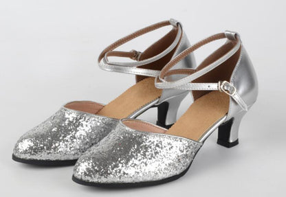 Womens Sparkly Glitter Latin Dance Shoes Close Toe Leather Sole Ballroom Dancing Sandals