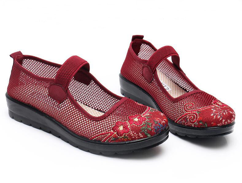 Womens Breathable Mesh Mary Jane Flat Shoes Lightweight Old Lady Non Slip Causal Shoes
