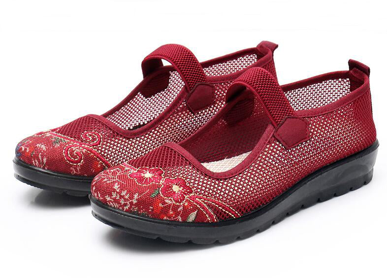 Womens Breathable Mesh Mary Jane Flat Shoes Lightweight Old Lady Non Slip Causal Shoes