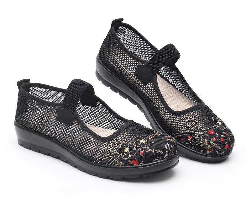 Womens Breathable Mesh Mary Jane Flat Shoes Lightweight Old Lady Non Slip Causal Shoes