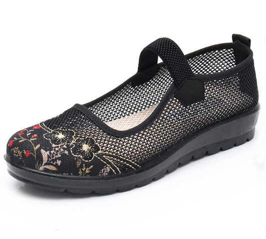 Womens Breathable Mesh Mary Jane Flat Shoes Lightweight Old Lady Non Slip Causal Shoes