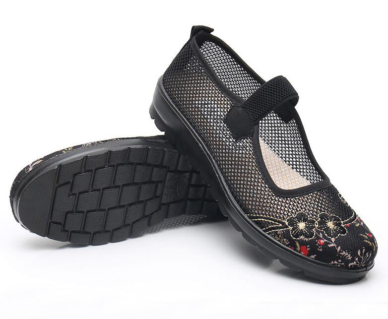 Womens Breathable Mesh Mary Jane Flat Shoes Lightweight Old Lady Non Slip Causal Shoes