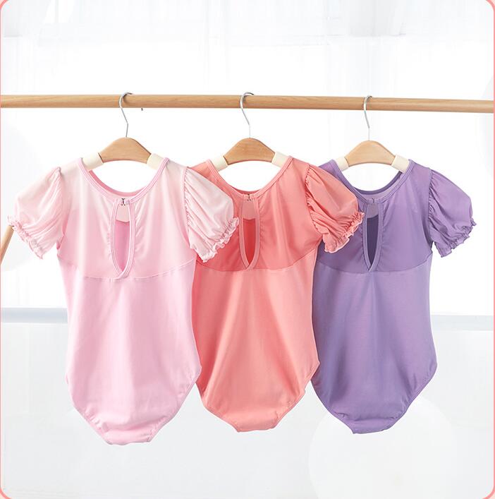 Girls Puff Sleeves Dancewear Ballet Leotard Keyhole Back Activewear for Kids