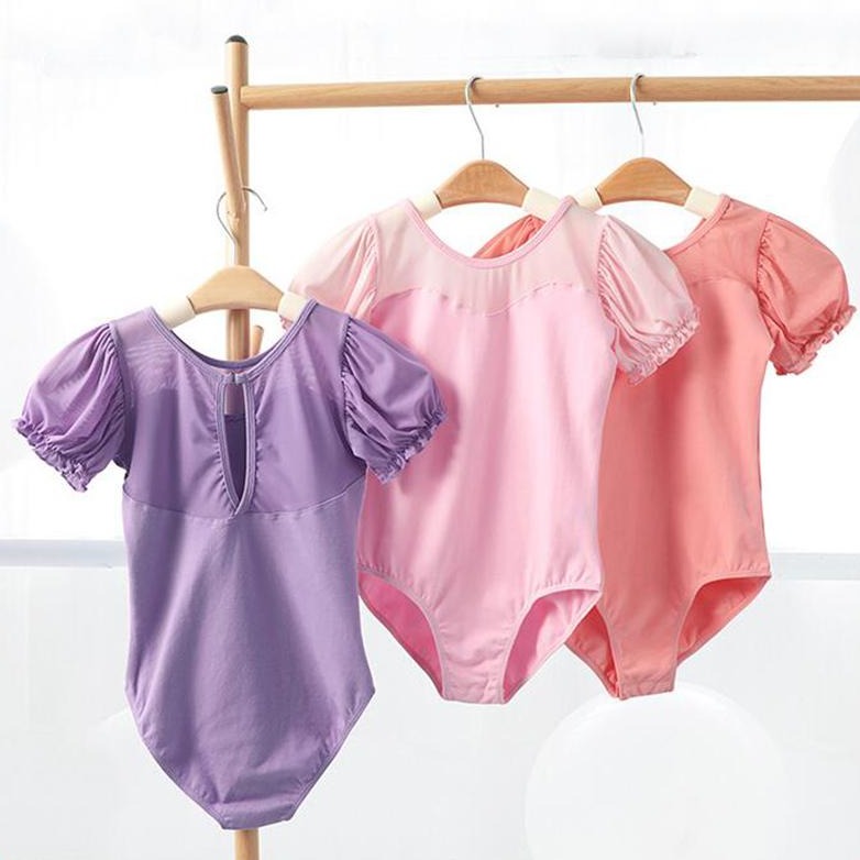 Girls Puff Sleeves Dancewear Ballet Leotard Keyhole Back Activewear for Kids