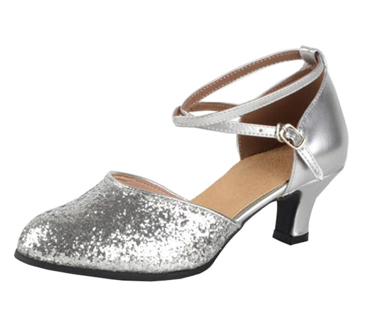 Womens Sparkly Glitter Latin Dance Shoes Close Toe Leather Sole Ballroom Dancing Sandals