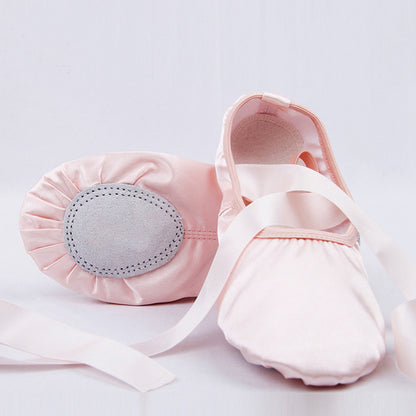 Girls Pink Satin Ballet Dance Slippers Kids Split Sole Ribbon Belly Flat Ballroom Shoes