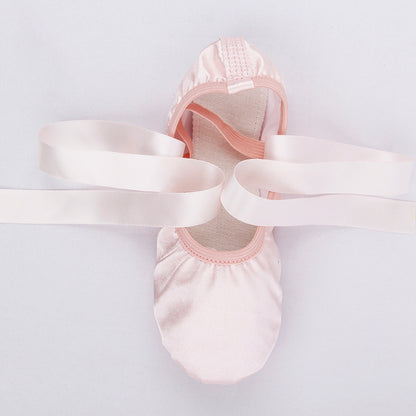 Girls Pink Satin Ballet Dance Slippers Kids Split Sole Ribbon Belly Flat Ballroom Shoes