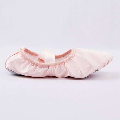 Girls Pink Satin Ballet Dance Slippers Kids Split Sole Ribbon Belly Flat Ballroom Shoes