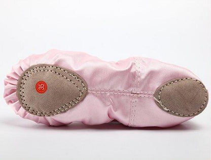 Girls Pink Satin Ballet Dance Slippers Kids Split Sole Ribbon Belly Flat Ballroom Shoes