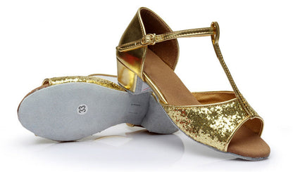 Girls T-strap Glitter Ballroom Dance Shoes Peep Toe PU Leather Latin Salsa Dancing Sandals