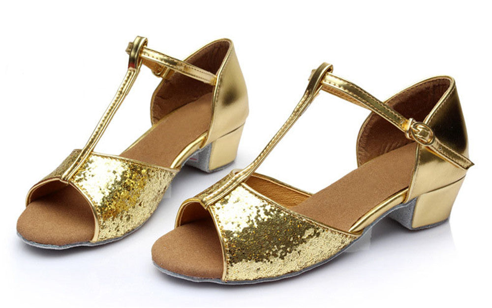 Girls T-strap Glitter Ballroom Dance Shoes Peep Toe PU Leather Latin Salsa Dancing Sandals