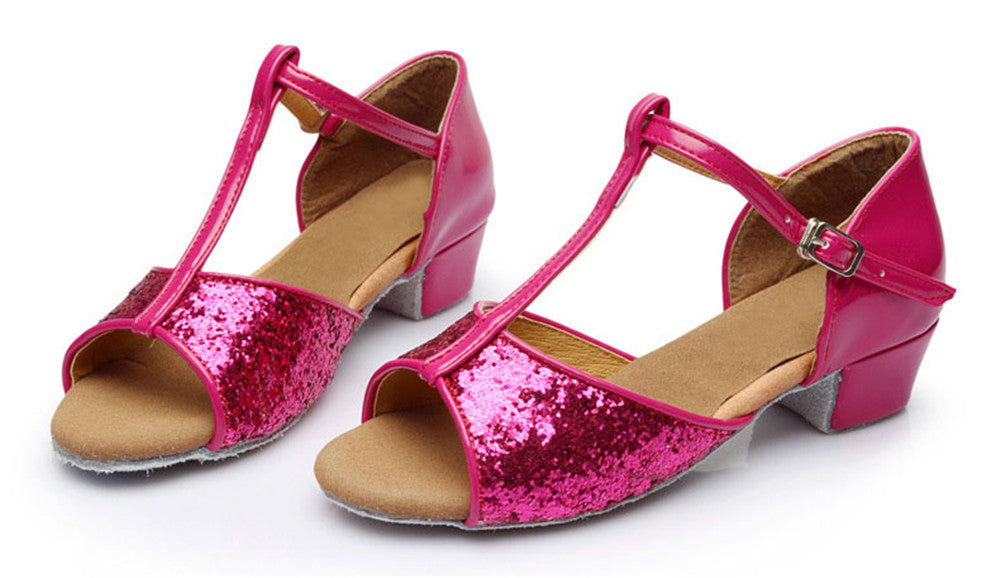 Girls T-strap Glitter Ballroom Dance Shoes Peep Toe PU Leather Latin Salsa Dancing Sandals