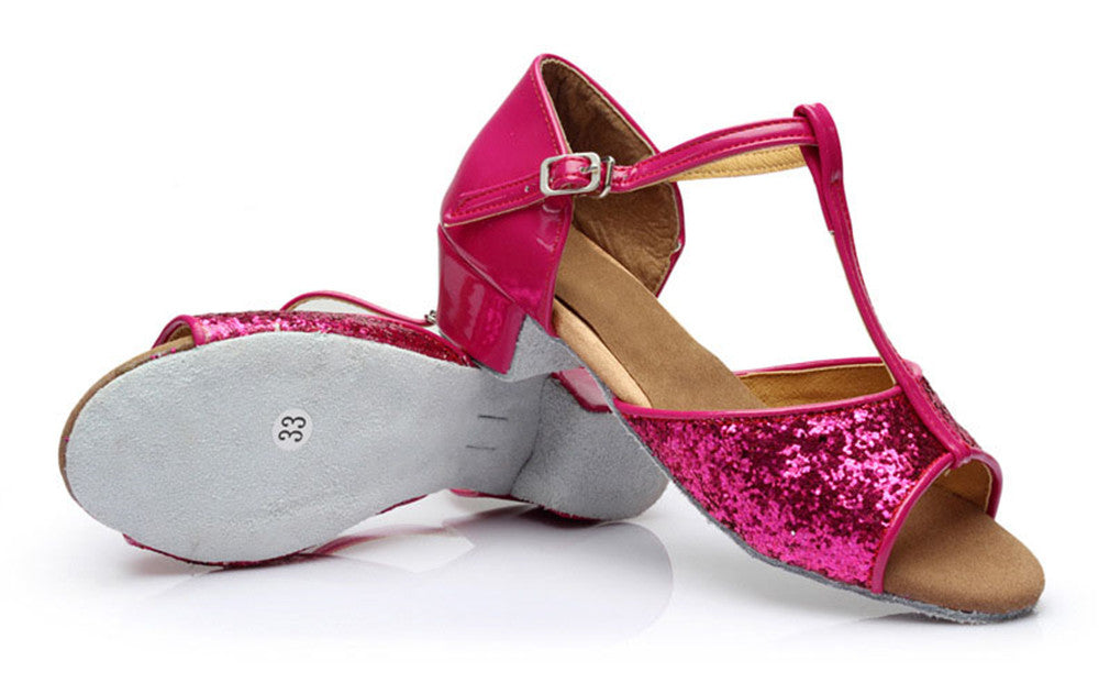Girls T-strap Glitter Ballroom Dance Shoes Peep Toe PU Leather Latin Salsa Dancing Sandals