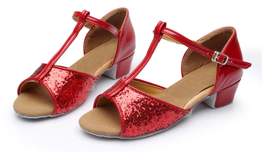 Girls T-strap Glitter Ballroom Dance Shoes Peep Toe PU Leather Latin Salsa Dancing Sandals