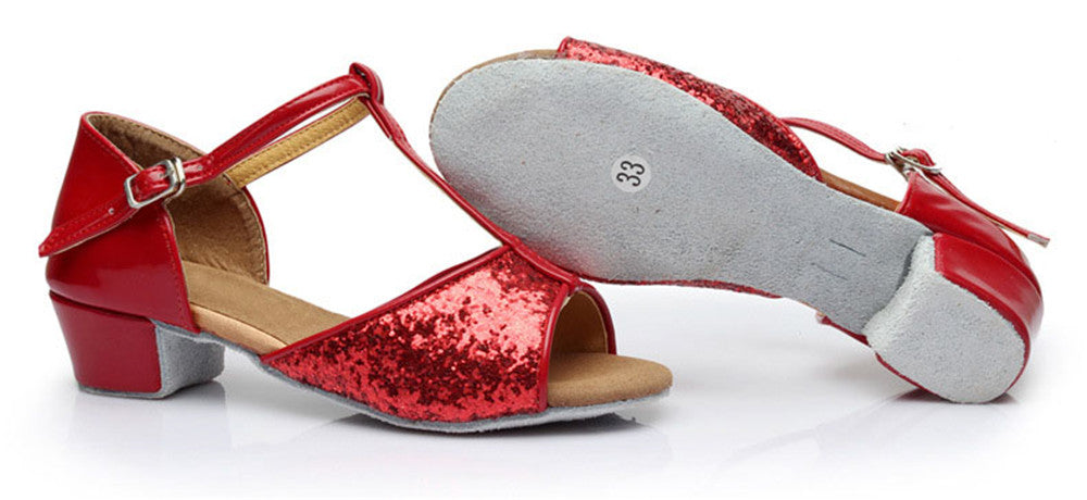 Girls T-strap Glitter Ballroom Dance Shoes Peep Toe PU Leather Latin Salsa Dancing Sandals