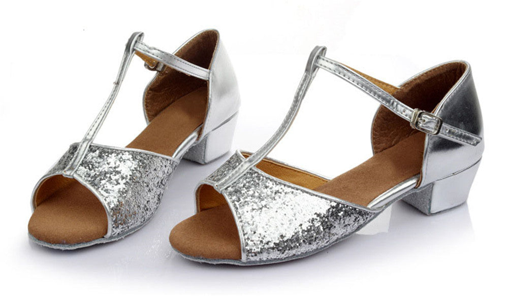 Girls T-strap Glitter Ballroom Dance Shoes Peep Toe PU Leather Latin Salsa Dancing Sandals