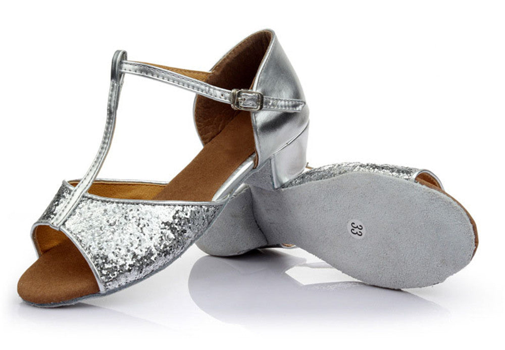Girls T-strap Glitter Ballroom Dance Shoes Peep Toe PU Leather Latin Salsa Dancing Sandals