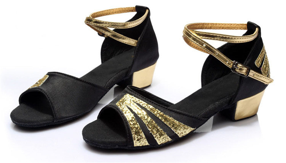 Girls Satin Ballroom Dance Shoes Peep Toe Soft Latin Tango Salsa Dancing Low Heels for Kids