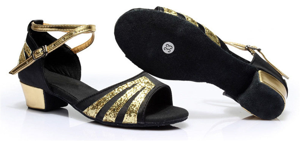 Girls Satin Ballroom Dance Shoes Peep Toe Soft Latin Tango Salsa Dancing Low Heels for Kids