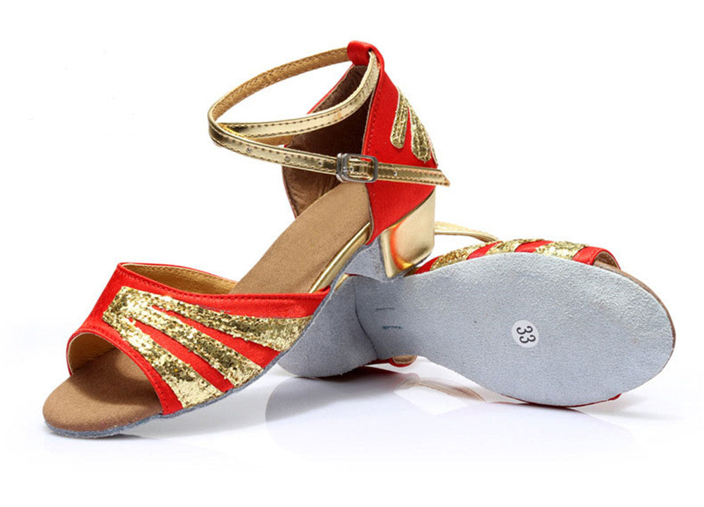 Girls Satin Ballroom Dance Shoes Peep Toe Soft Latin Tango Salsa Dancing Low Heels for Kids
