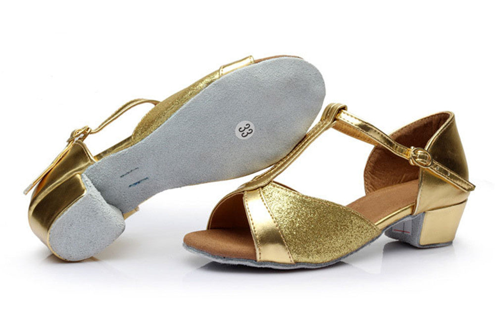 Girls Low Heel Ballroom Dance Shoes PU Leather T Strap Latin Salsa Social Dance Shoes fod Kids