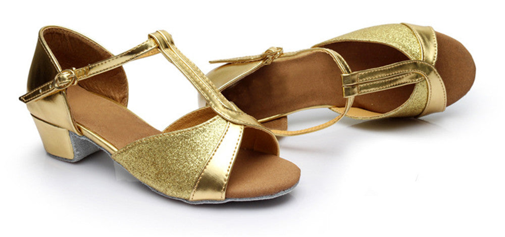 Girls Low Heel Ballroom Dance Shoes PU Leather T Strap Latin Salsa Social Dance Shoes fod Kids