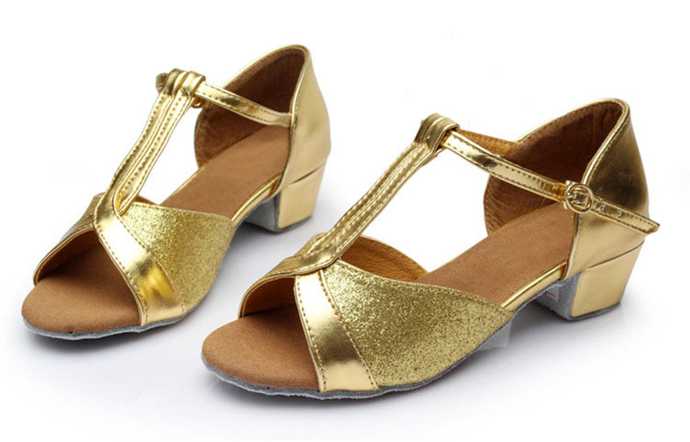 Girls Low Heel Ballroom Dance Shoes PU Leather T Strap Latin Salsa Social Dance Shoes fod Kids