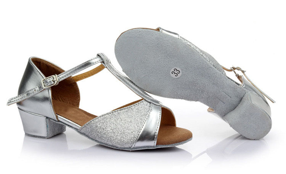 Girls Low Heel Ballroom Dance Shoes PU Leather T Strap Latin Salsa Social Dance Shoes fod Kids