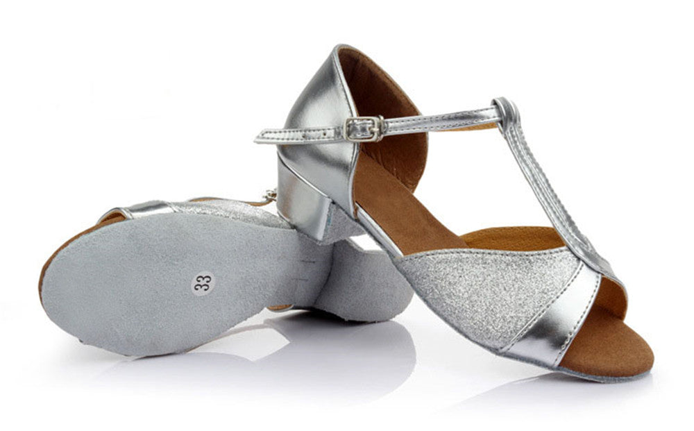 Girls Low Heel Ballroom Dance Shoes PU Leather T Strap Latin Salsa Social Dance Shoes fod Kids