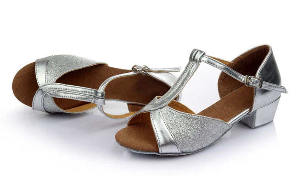 Girls Low Heel Ballroom Dance Shoes PU Leather T Strap Latin Salsa Social Dance Shoes fod Kids